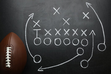 Rugby ball and drawn American football strategy game on black chalkboard, top view