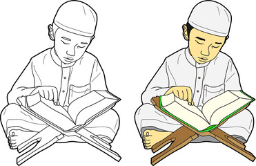 Qari reading quran  vector drawing line art with colour