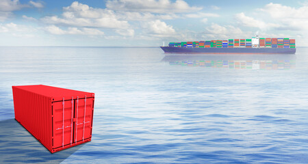 Container ship blue background at sea. Marine logistics and transport concept. Partly 3d rendering.