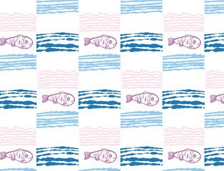 Squared water waves and fishes vector seamless pattern. Simple pattern design for wallpapers, backdrops, wrapping.