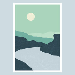 illustration vector mountains river moon wall art poster design 1