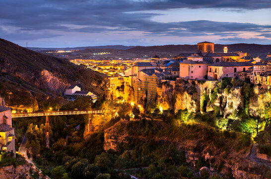 Cuenca Cathedral and San Pablo Bridge at sunset in Spain