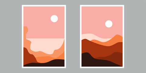 Set of trendy minimalist landscape abstract contemporary collages vector, moon mountain  lake illustration vector  9