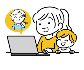 親子　パソコン　楽しむ　おうち時間　テレビ電話