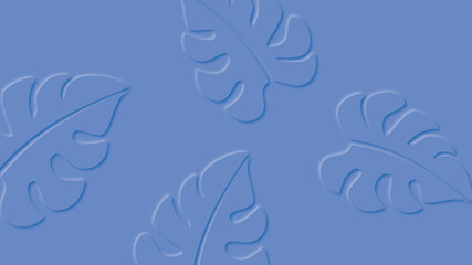 Blue summer background with paper cut style tropical leaf frame.