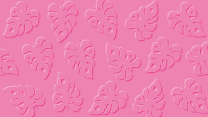 Pink  summer background with paper cut style tropical leaf frame.