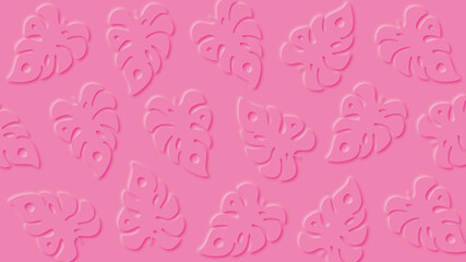Pink  summer background with paper cut style tropical leaf frame.