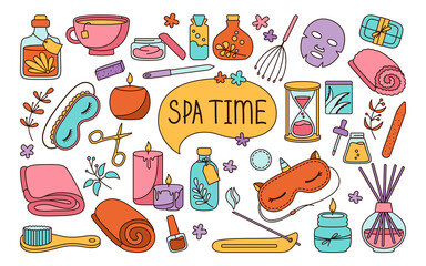 Spa and beauty care salon doodle colorful set. Skin care and natural treatment, me time concept. Bright spa aromatic oil lotion towel sleep mask and hourglass, cartoon cup. Female body health vector