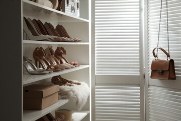 Fototapeta na wymiar Different stylish women's shoes on shelving unit in dressing room