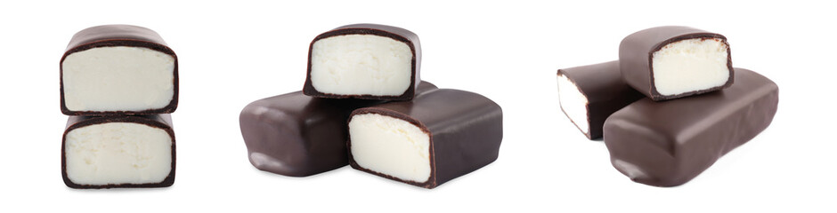 Set with delicious glazed curd snacks on white background. Banner design