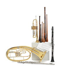Set of wind musical instruments on white background
