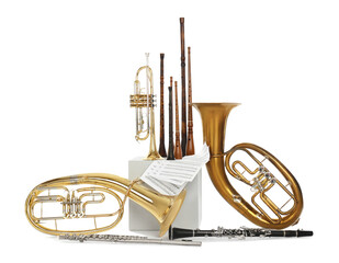 Set of wind musical instruments on white background