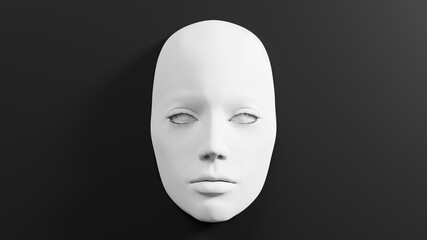 White plastic female mask on black background. 3D rendered image.