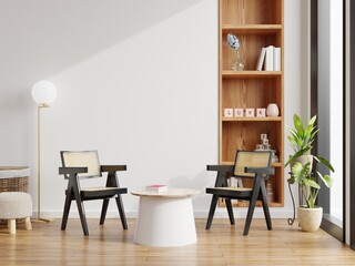 Modern interior of living room have chair with table on white wall and wood floor.