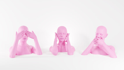 Pink female mannequins closing mouth, eyes and ears by palms. Do not see, hear and speak concept. 3D rendered image.