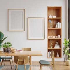 Mock up poster in modern dining room interior design with white empty wall.