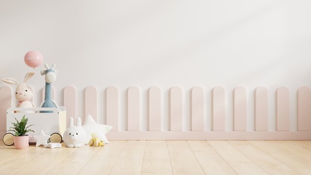 Mockup wall in the children's room with stroller in light white color wall background.