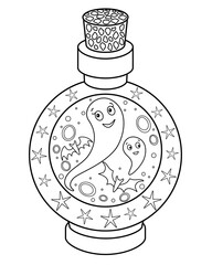 Ghosts locked in a bottle - vector linear Halloween picture for coloring. Outline. A bottle with a magic potion closed with a stopper. Ghosts and magic means - Halloween coloring.