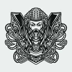 Fototapeta na wymiar tattoo and t shirt design black and white hand drawn cyberpunk women gas mask engraving ornament