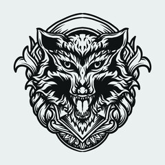 tattoo and t shirt design black and white hand drawn wolf engraving ornament