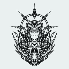 tattoo and t shirt design black and white hand drawn demon queen engraving ornament 