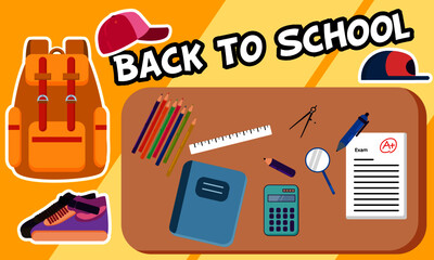Back to school vector illustration, book, coloring pencils, calculator, hat, pen, bag, magnifying glass, shoes, school exam results, backpack.