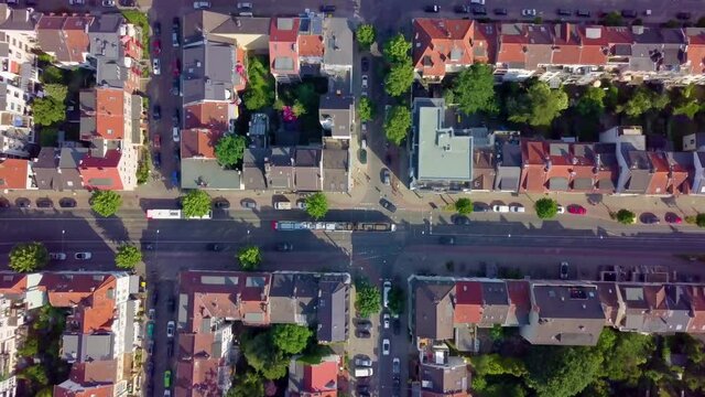 Top Down View On Roofs And Streets In Bremen, Germany - aerial drone shot