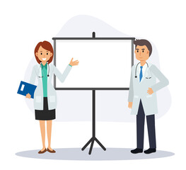 Obraz premium male and female doctors are giving presentation. Flat vector cartoon character illustration.