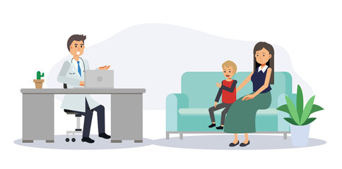 Medical concept, Male doctor with woman and child patient in hospital medical office.Consultation and diagnosis.Flat vector cartoon character illustration.