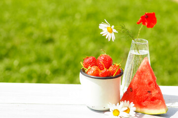 glass vase with daisies and poppy seeds, a mug with strawberries, a slice of watermelon on the table against a background of sunny grass. copy space..