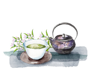 センブリとお茶セットの水彩画