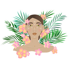 Beautiful woman on a tropical background, vector illustration
