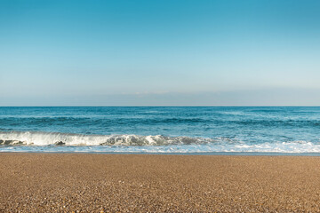 Blue Sea, Waves, Beach. Concept of vacation, rest on the sea.