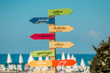 Morning sea, beach, empty sun beds for vacationers. Vacation concept.