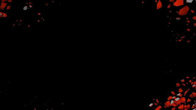 Orange ground with a white surface cracks, breaks into pieces and falls into a hole revealing a black background. 3D animated intro, alpha channel as matte mask included.