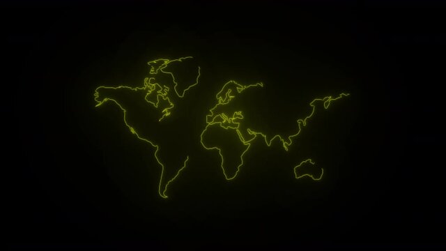 Colorful abstract world map line neon blazing glowing wiggle moving motion symbol sign on black background.