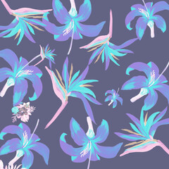 Fototapeta na wymiar Violet Pattern Palm. Coral Tropical Plant. Indigo Floral Background. Blue Flora Nature. Cobalt Decoration Design. Navy Wallpaper Foliage. Purple Spring Textile.