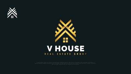 Gold House Logo Design with Initial Letter V. Construction, Architecture or Building Logo Design