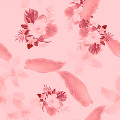 Fototapeta na wymiar Gray Seamless Art. White Pattern Foliage. Pink Tropical Design. Coral Flower Botanical. Flora Foliage. Watercolor Art. Floral Texture. Summer Design.