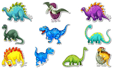 Obraz na płótnie Canvas Sticker set with different types of dinosaurs cartoon characters