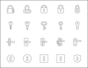 Set of Key and Lock line style. It contains such as door handle, knob, keyhole, safety, entrance, closed, protection, private, security and other elements.