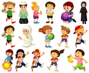 Children doing different activities cartoon character set on white background