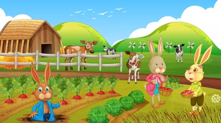 Gartenposter Garden scene with rabbit family cartoon character © GraphicsRF