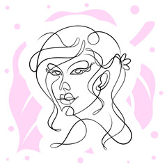 International Women's Day minimal design line drawing style. Portrait of young woman beauty face isolated on pink leaf background. Vector for Spa, fashion, hairdressing and beautiful artwork design.