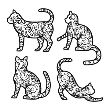 Set of coloring book page with floral decoration cat