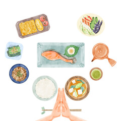 日本の朝食（和食）手描き水彩風イラスト