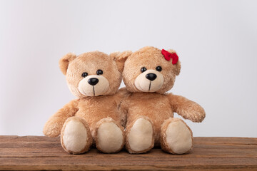 Couple of light brown teddy bear on white background