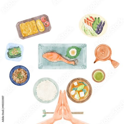日本の朝食 和食 手描き水彩風イラスト Canvas Print Ko Hamari 日本の朝食 和食 手描き水彩風イラスト Canvas Print Ko Hamari