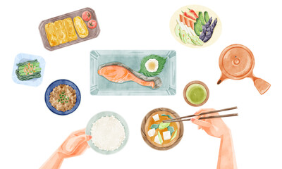 日本の朝食（和食）手描き水彩風イラスト