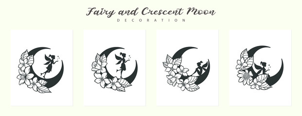 Set of fairy and crescent moon illustration 